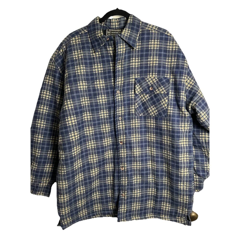 Highland Outfitters Men's Quilted Flannel Shirt Button Front Blue Plaid Sz Large